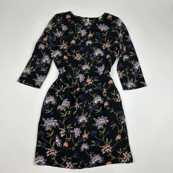 H&M Black Floral Sheath Dress Belt Tie Waist Keyhole Back High Neck Sz 4 Career - Picture 14 of 14